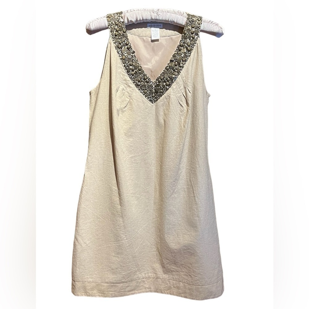 Linen Blend Embellished V-Neck Sleeveless Knee Length Shift Dress
